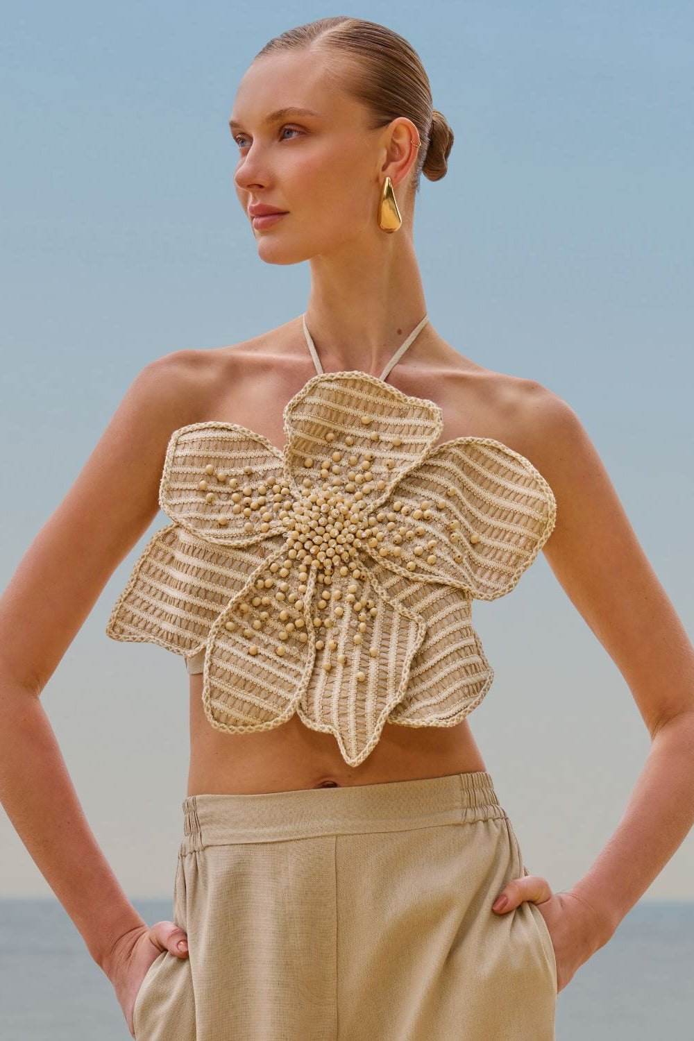 CANDY LINEN HAND BEADED FLOWER TOP