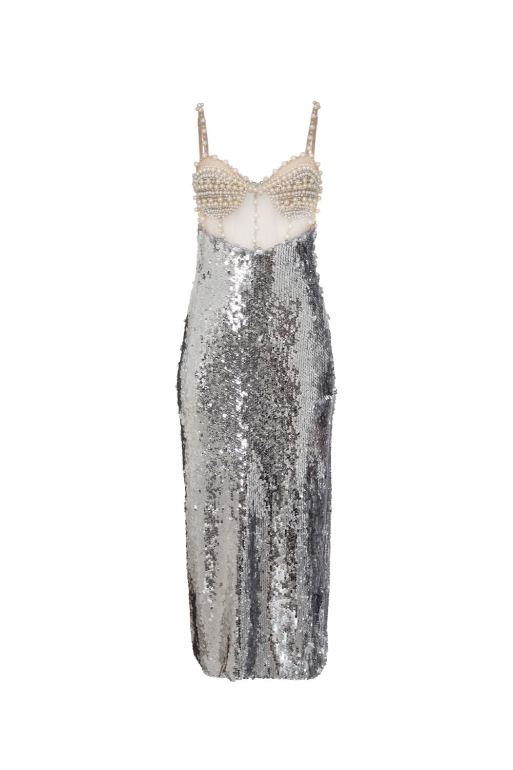 SILVER SEQUIN BEADED MIDI DRESS