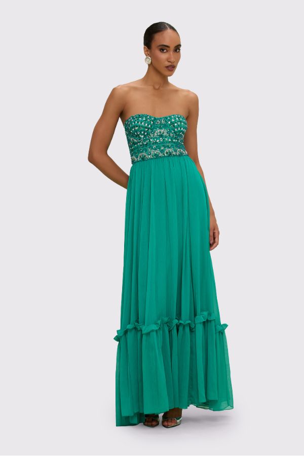 formal dress designs for women MissJophiel Women Long Sleeves V Neck Chiffon Print Floral Teal Formal  Party Dress with Slit main image 1