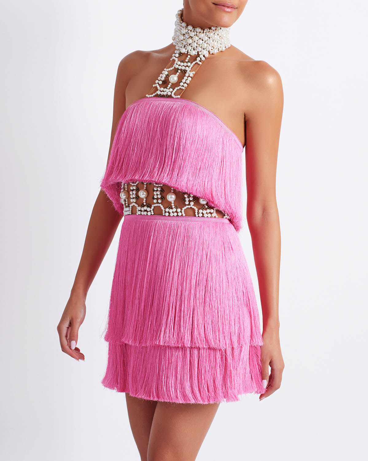 Pearl and Fringe Halterneck Mini Dress