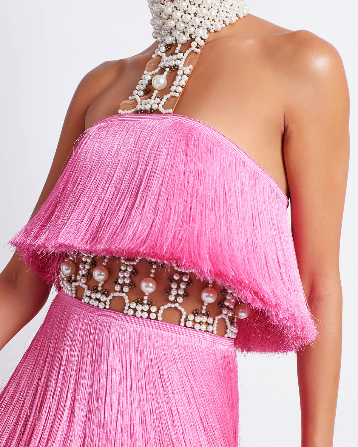 Pearl and Fringe Halterneck Mini Dress