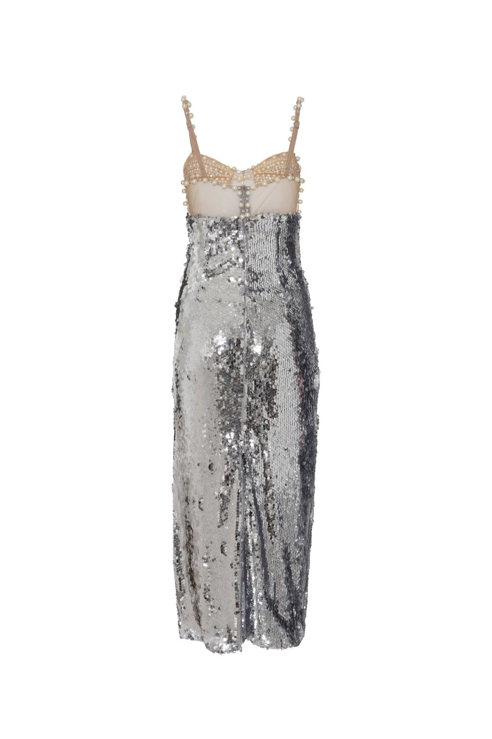SILVER SEQUIN BEADED MIDI DRESS
