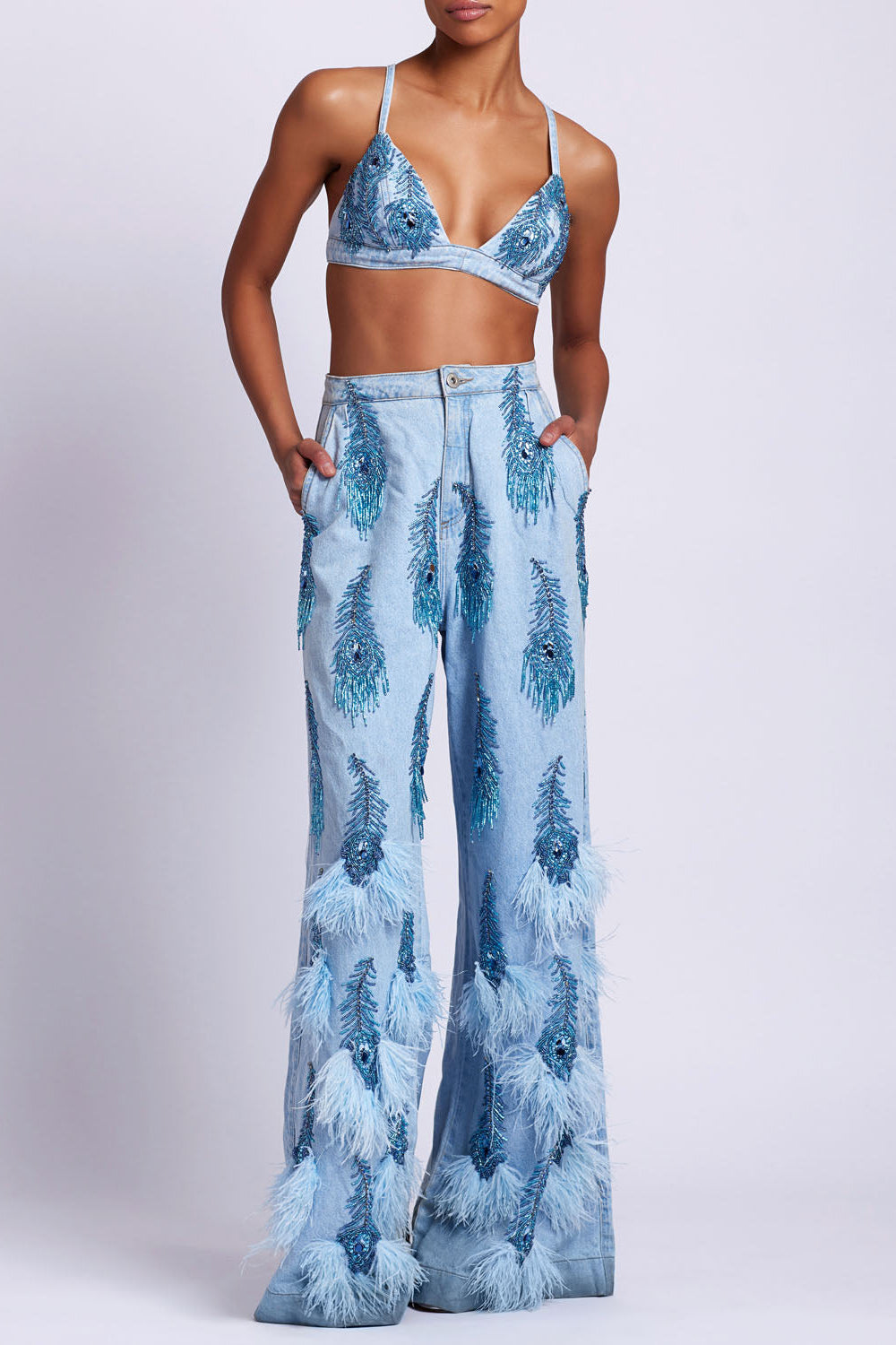 Hand-Beaded Denim Bralette