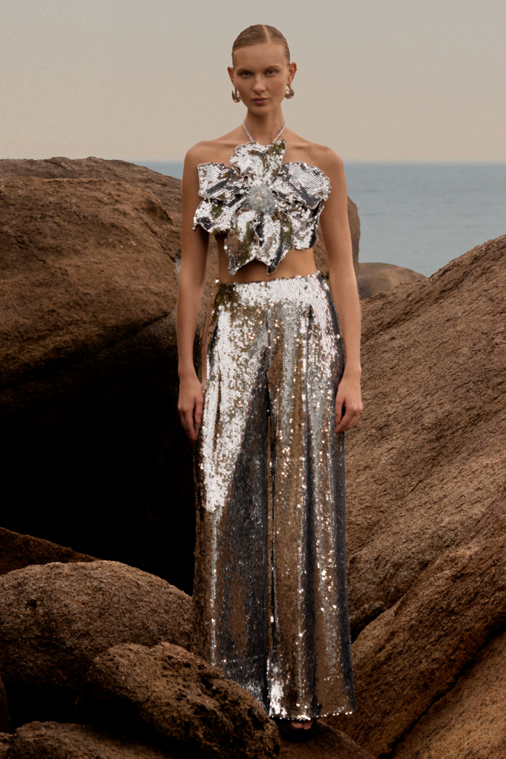 SILVER SEQUIN WIDE LEG PANT