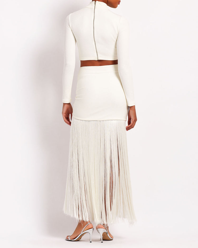 Knit Fringe Trim Midi Skirt