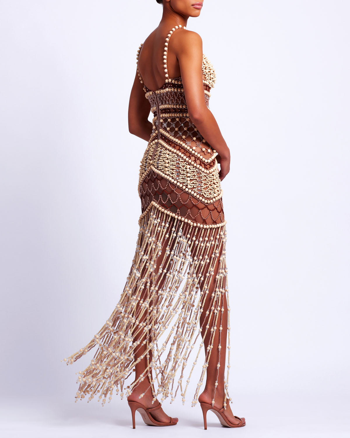 Wood and Crystal Beaded Gown