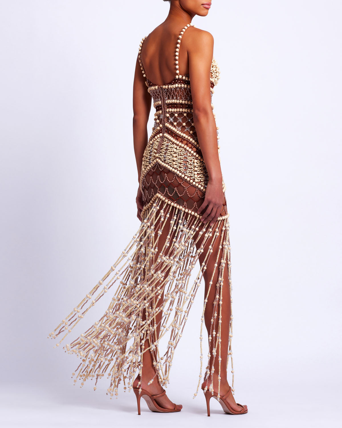Wood and Crystal Beaded Gown