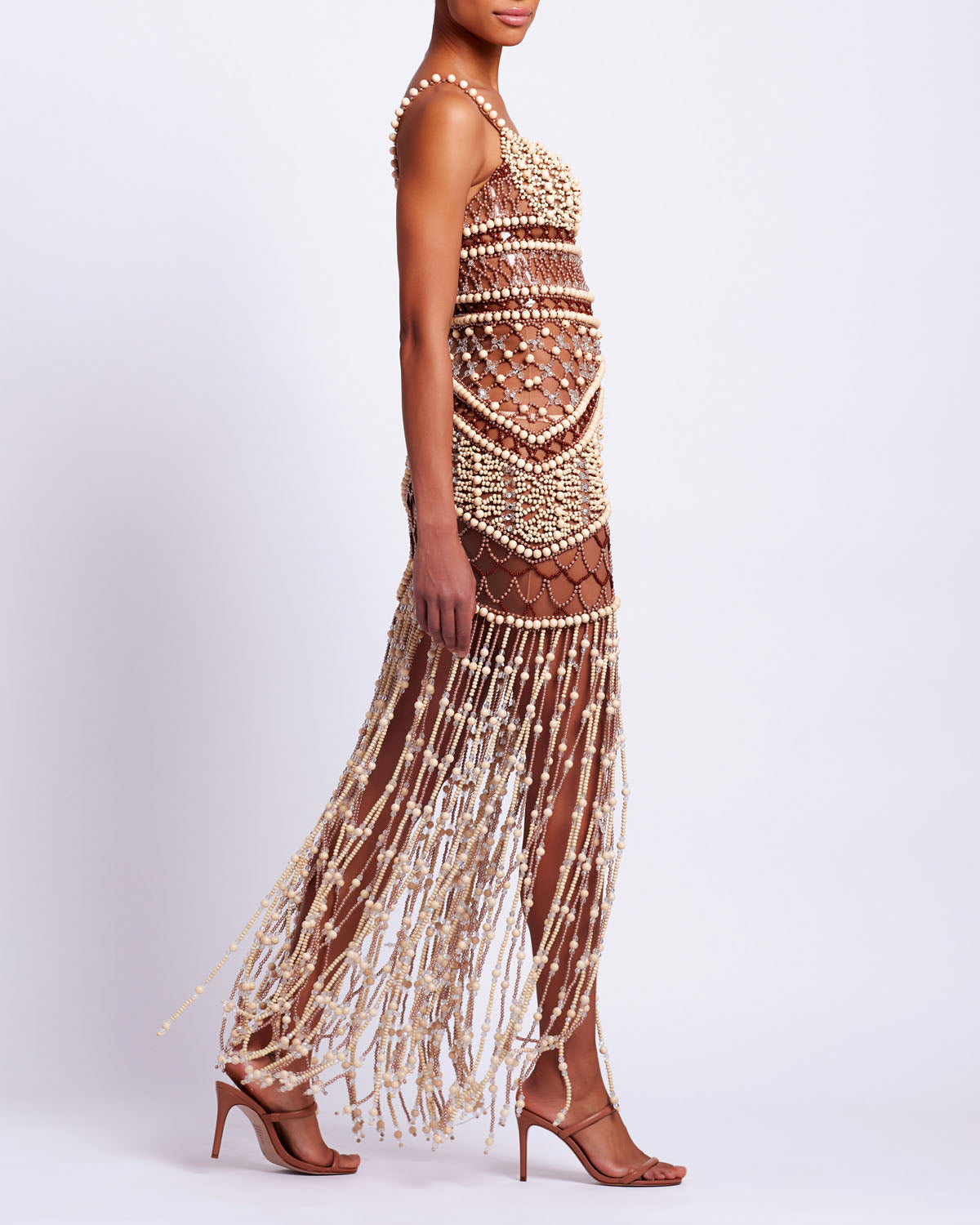 Wood and Crystal Beaded Gown