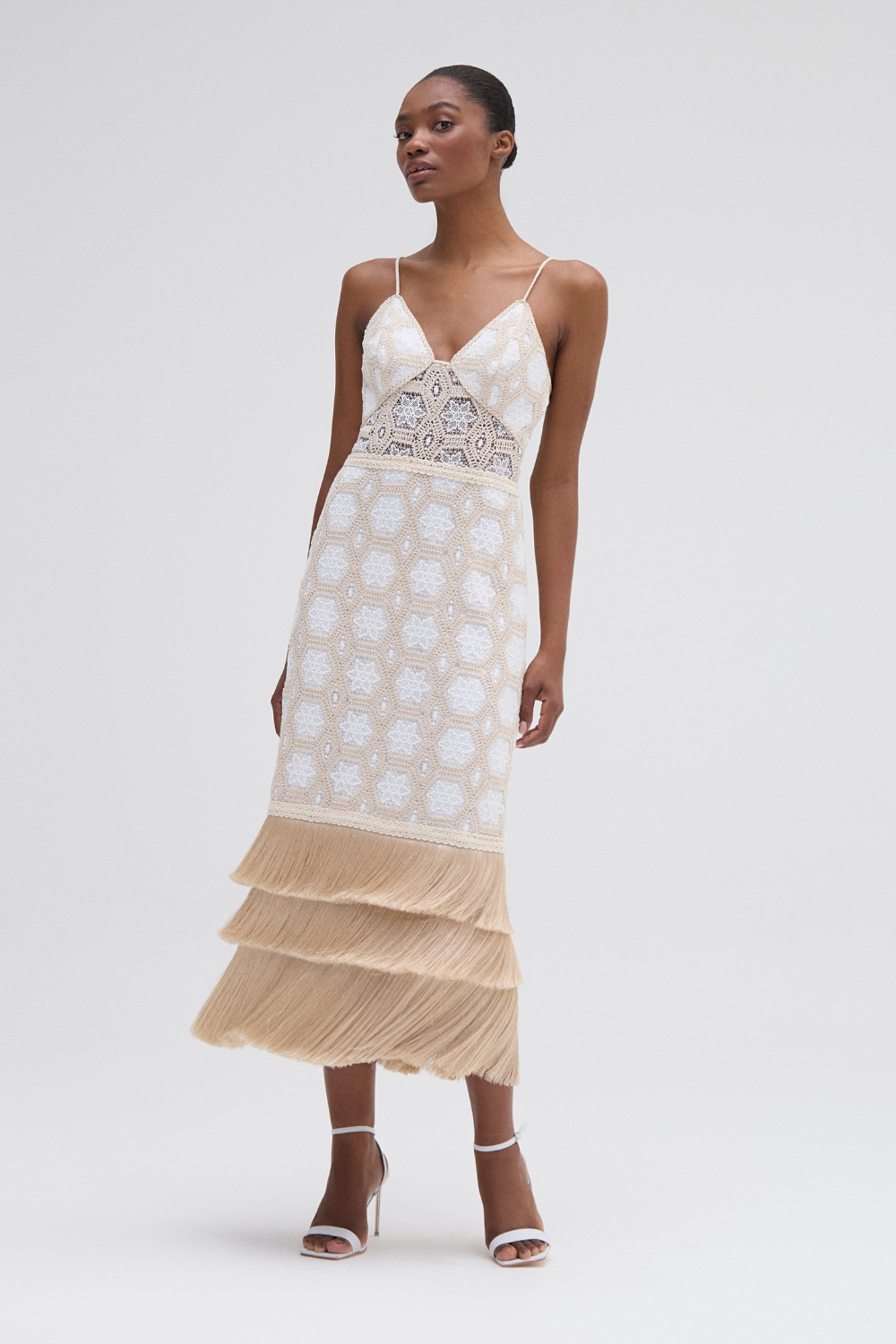 Patbo Natural Crochet Plunge Midi Dress - White Patbo Natural Crochet Plunge Midi Dress - White