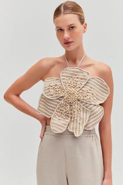 CANDY LINEN HAND BEADED FLOWER TOP