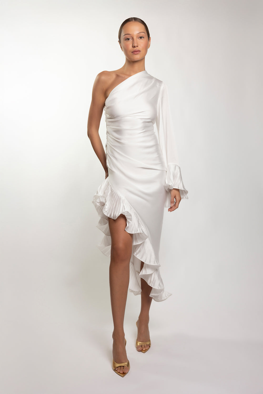 Patbo | DREAM SATIN ONE SHOULDER MIDI DRESS | White Patbo | DREAM SATIN ONE SHOULDER MIDI DRESS | White