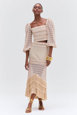LUREX KNIT AND FRINGE LONG SKIRT