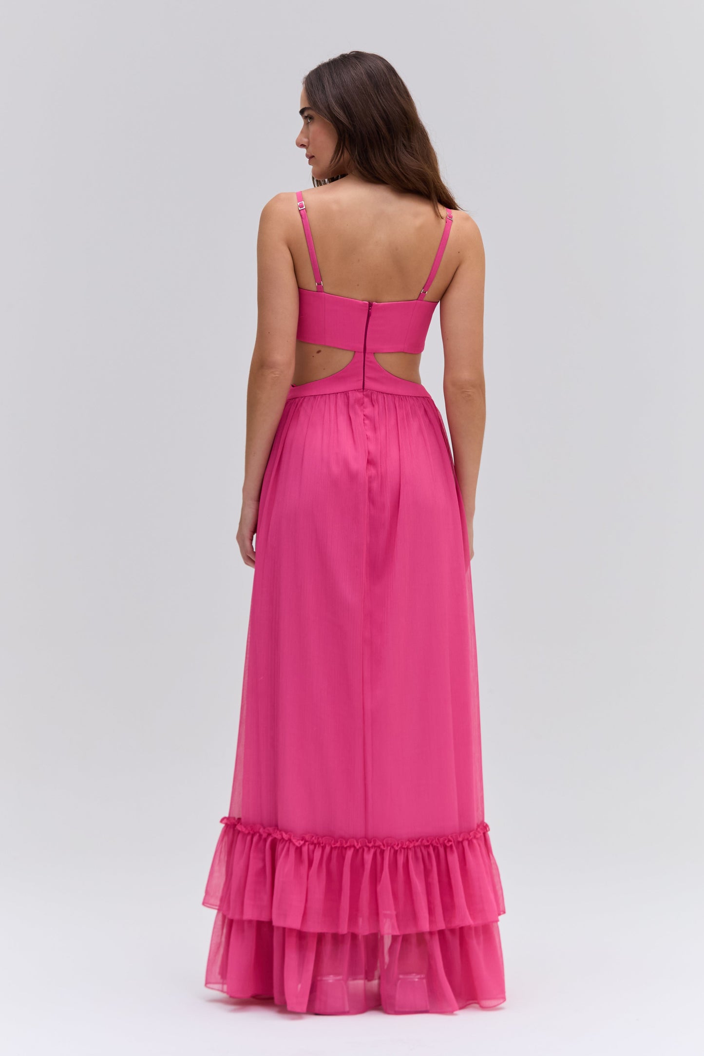 SILK PLISSE FLOWER APPLIQUE LONG DRESS