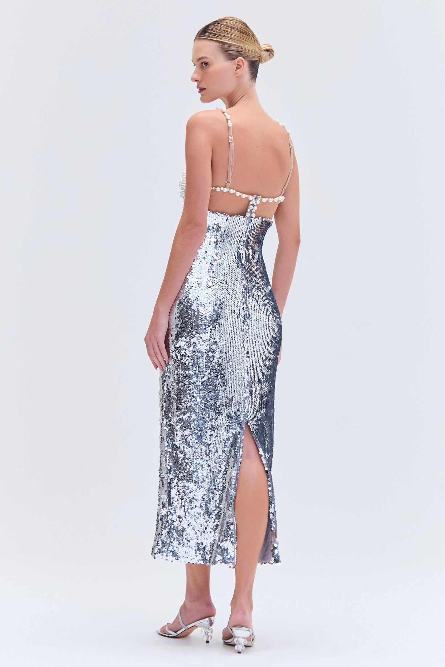 SILVER SEQUIN BEADED MIDI DRESS