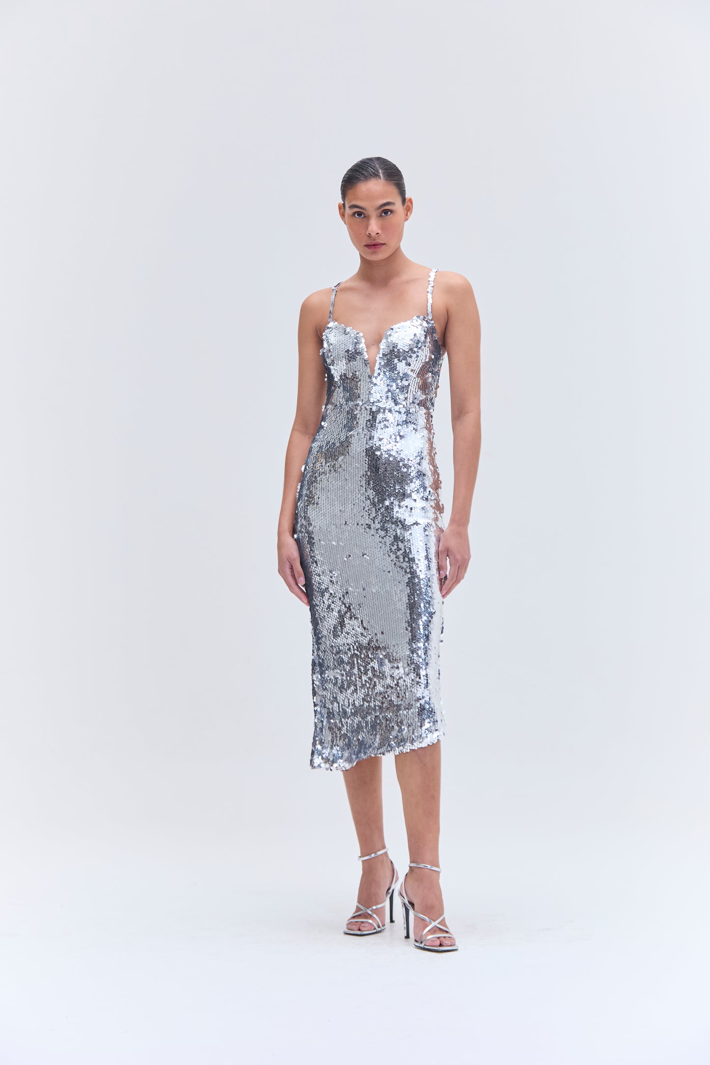SILVER SEQUIN MIDI DRESS