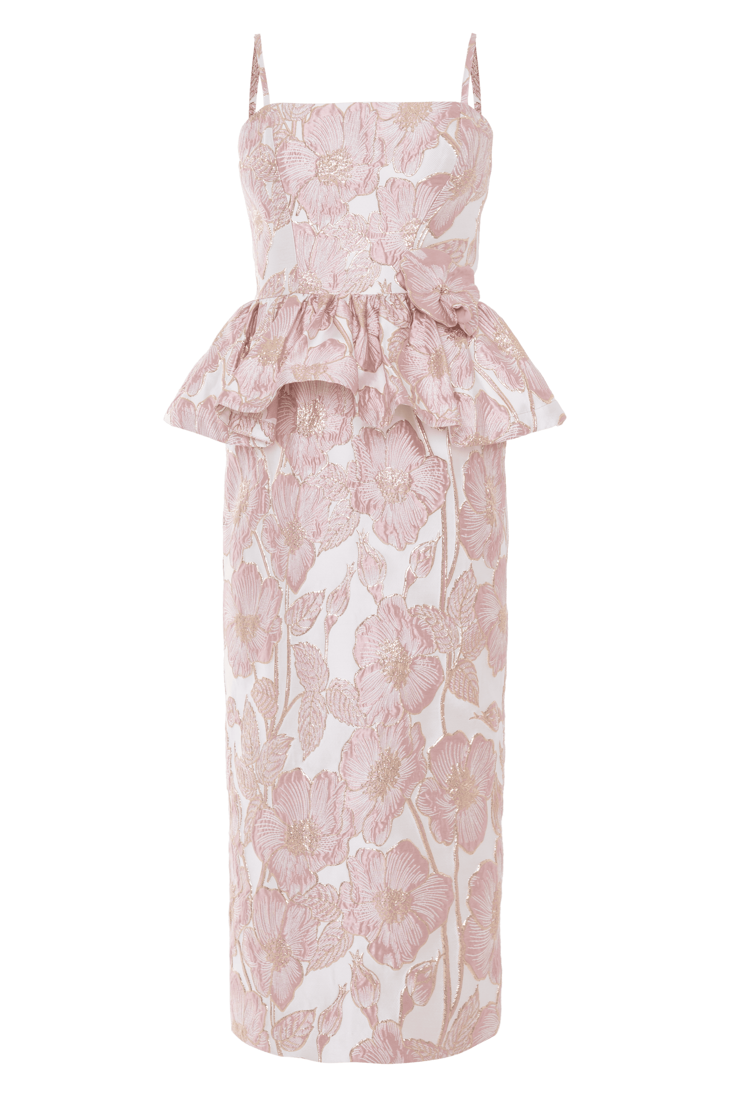 PETAL JACQUARD PEPLUM MIDI DRESS