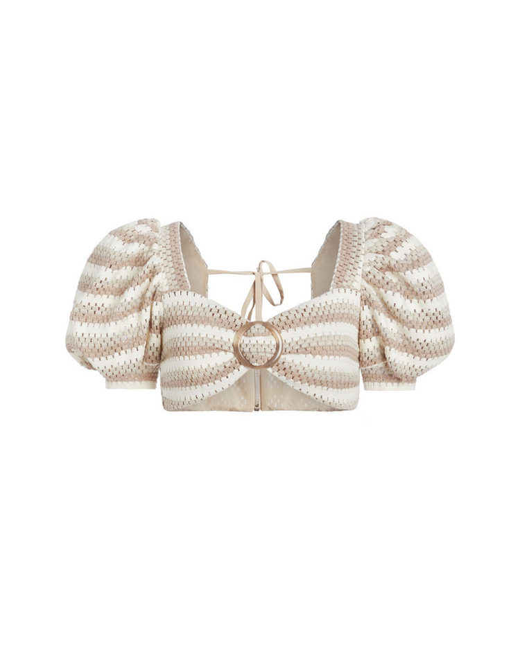Striped Crochet Puff Sleeve Cropped Top