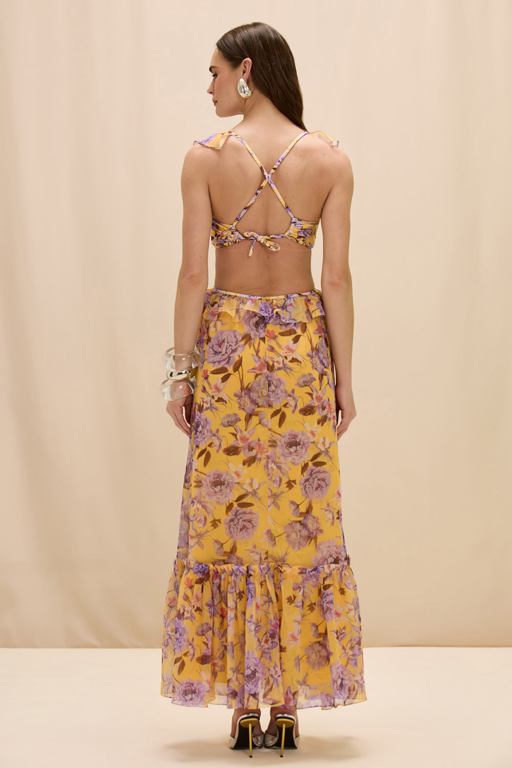 PEONY PRINT LYCRA CUT OUT MAXI DRESS