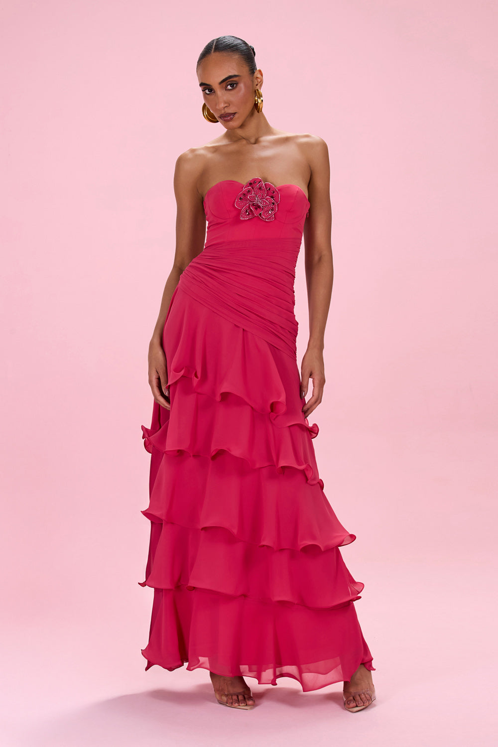 FLORAL CHIFFON CORSET GOWN 0 / Red