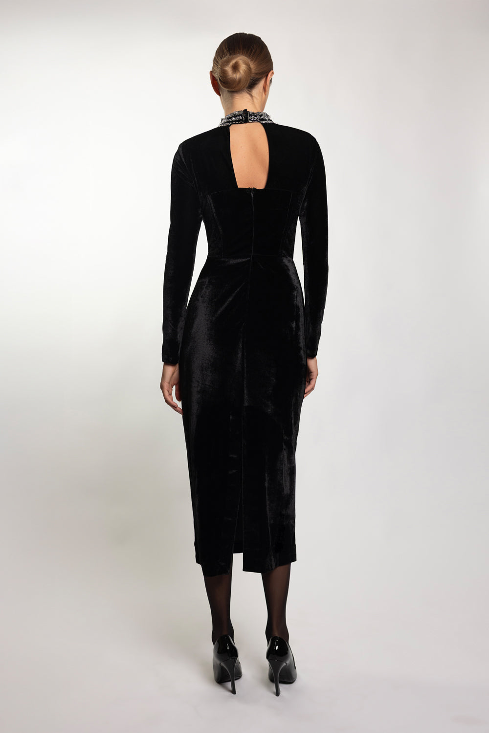 HAND-BEADED VELVET BUSTIER MIDI DRESS