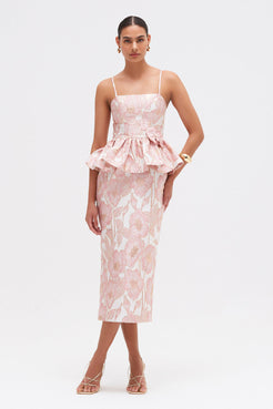PETAL JACQUARD PEPLUM MIDI DRESS