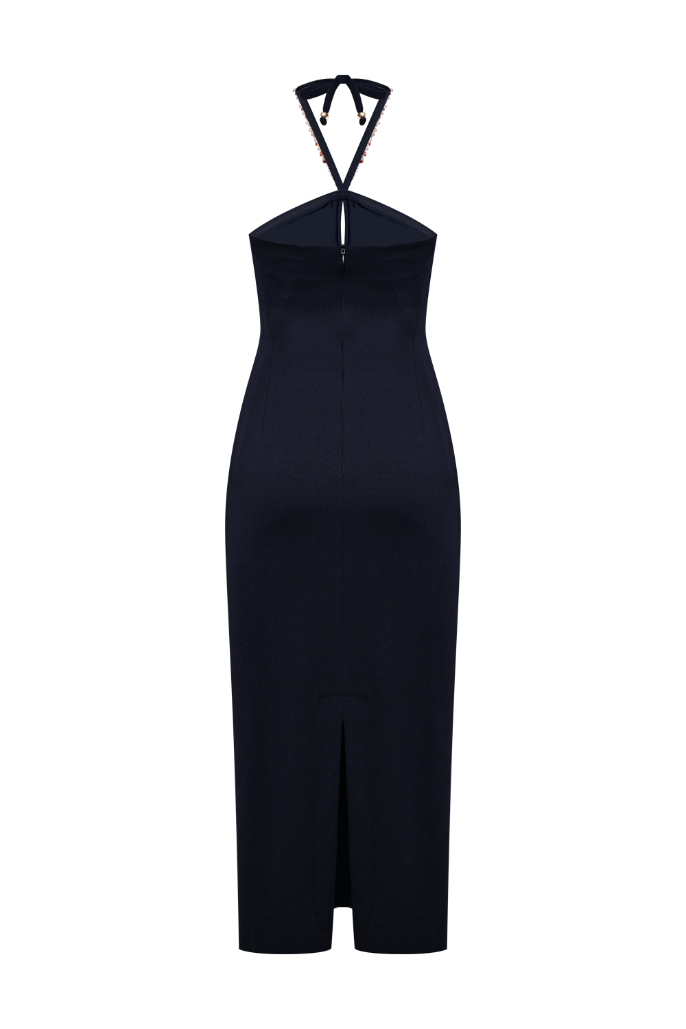 JADE KNIT EMBROIDERED HALTERNECK MIDI DRESS