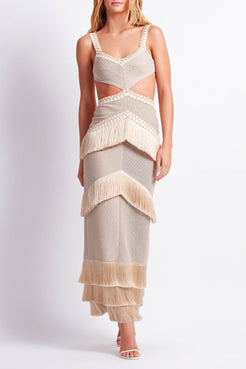Metallic Knit Maxi Dress with Fringe Trim
