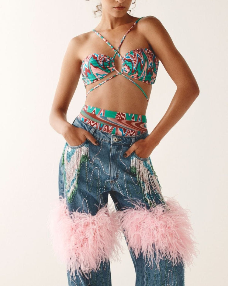 HAND BEADED JEANS WITH FEATHER TRIM (RUNWAY/ EXCLUSIVE)