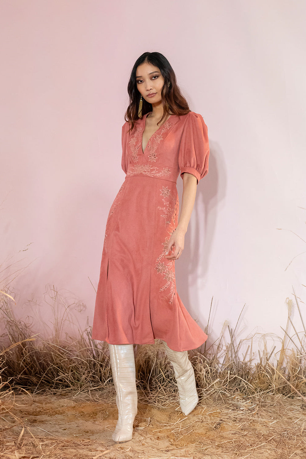 Faux Suede V-Neck Midi Dress (PRE ORDER)