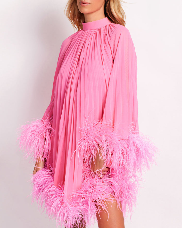 Pleated Feather Trim Mini Dress (EXCLUSIVE)