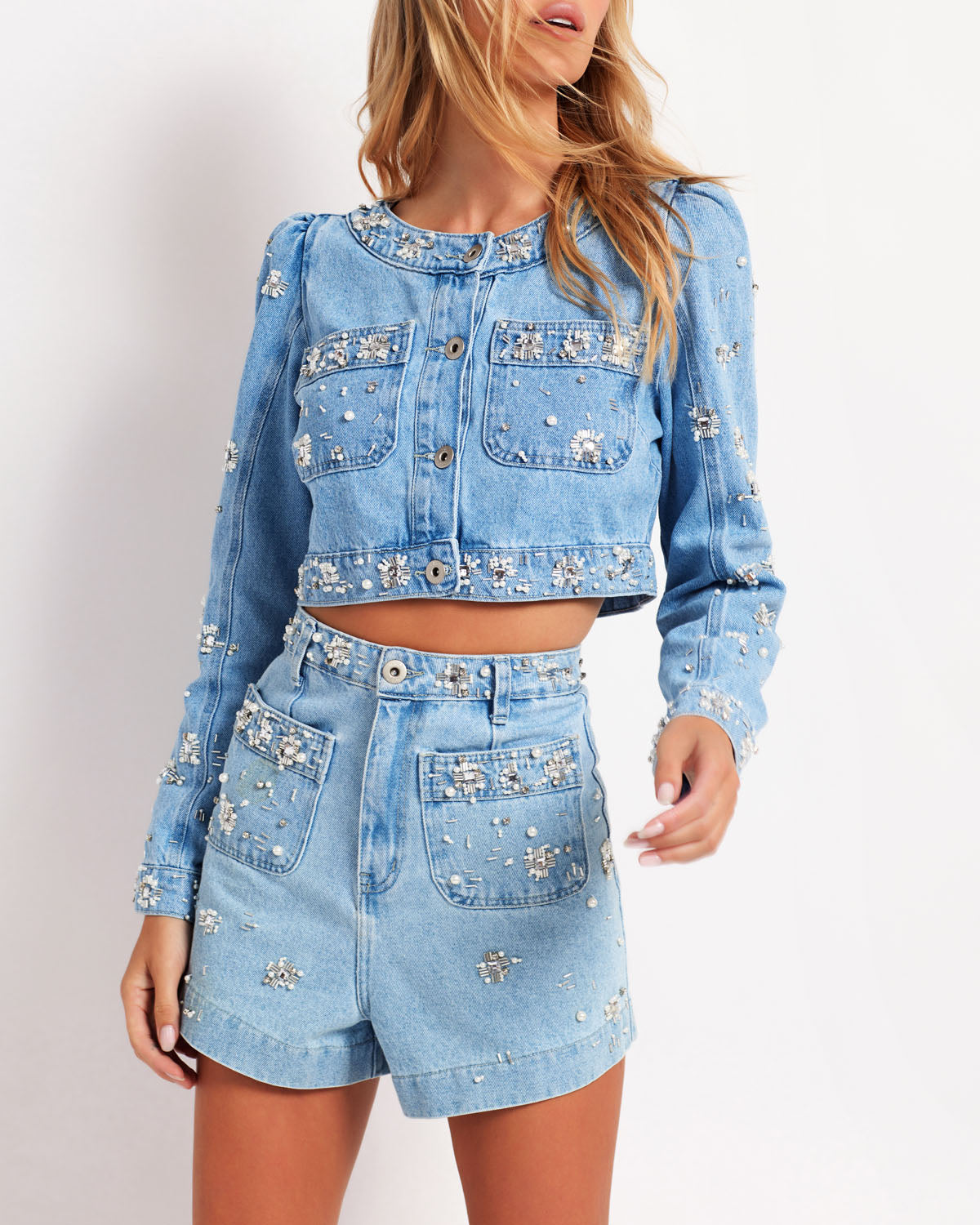 Hand-Beaded Cropped Denim Jacket