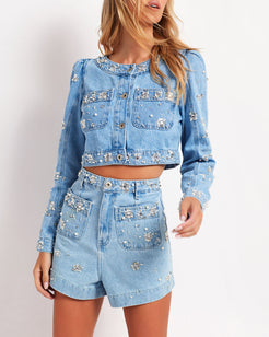 Hand-Beaded Cropped Denim Jacket