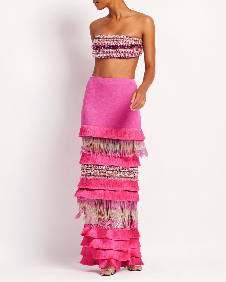 HAND-BEADED FRINGE TRIM MAXI SKIRT (FINAL SALE)