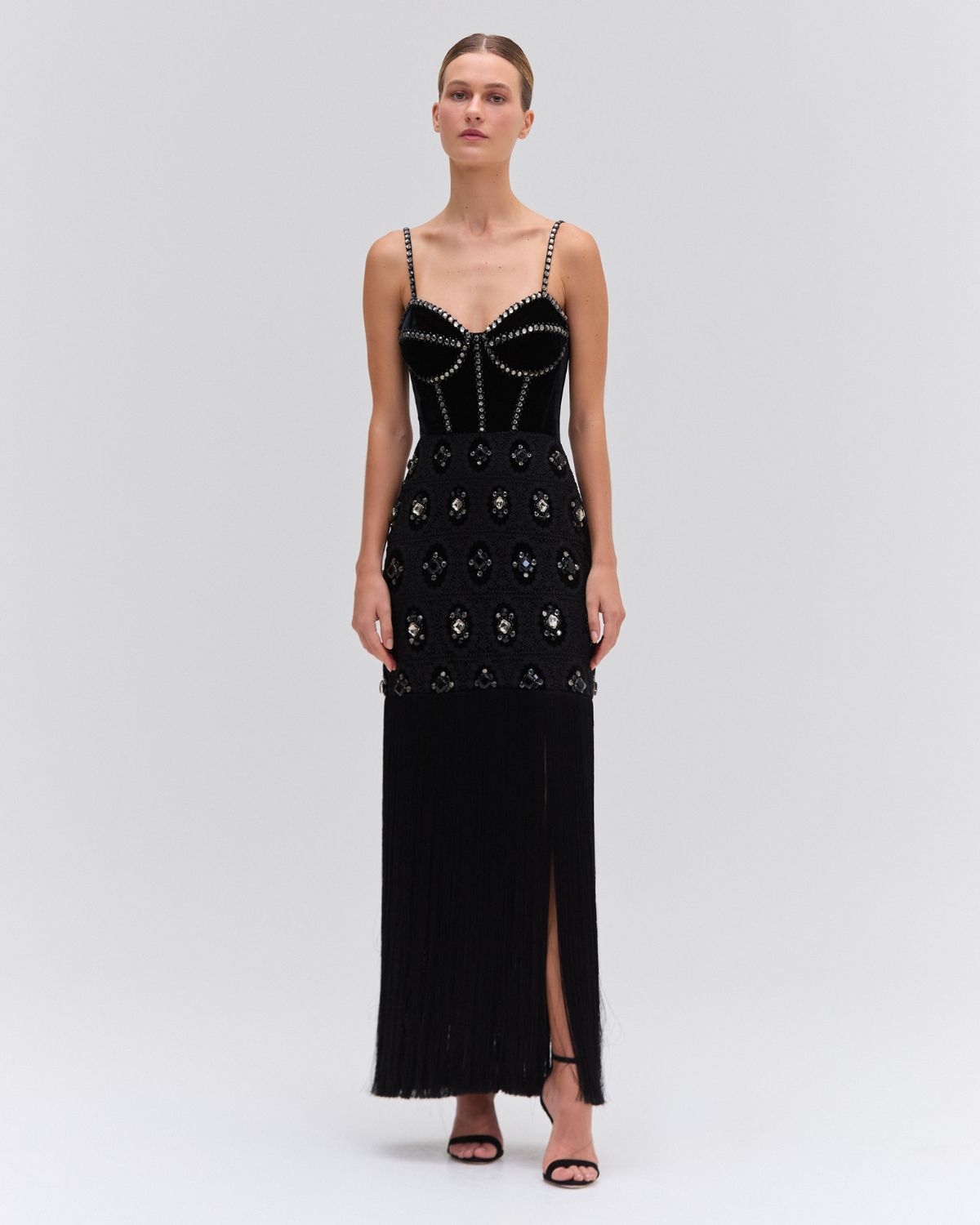 BEADED VELVET LACE MAXI DRESS