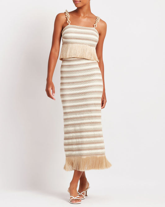Striped Crochet Fringe Trim Maxi Skirt