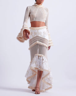 Woven Bell Sleeve Cropped Top