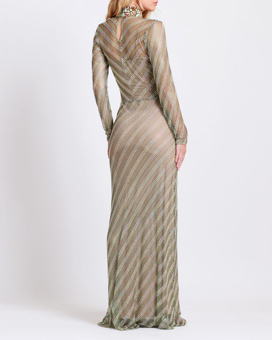 HAND-BEADED RHINESTONE NETTED HIGH NECK GOWN (RUNWAY / EXCLUSIVE)