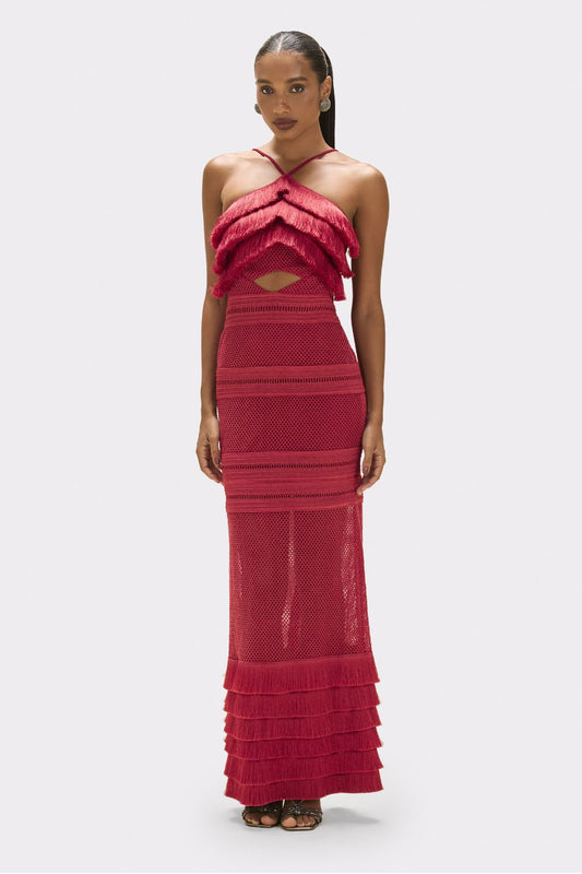RADIANT FRINGE HALTERNECK MAXI DRESS