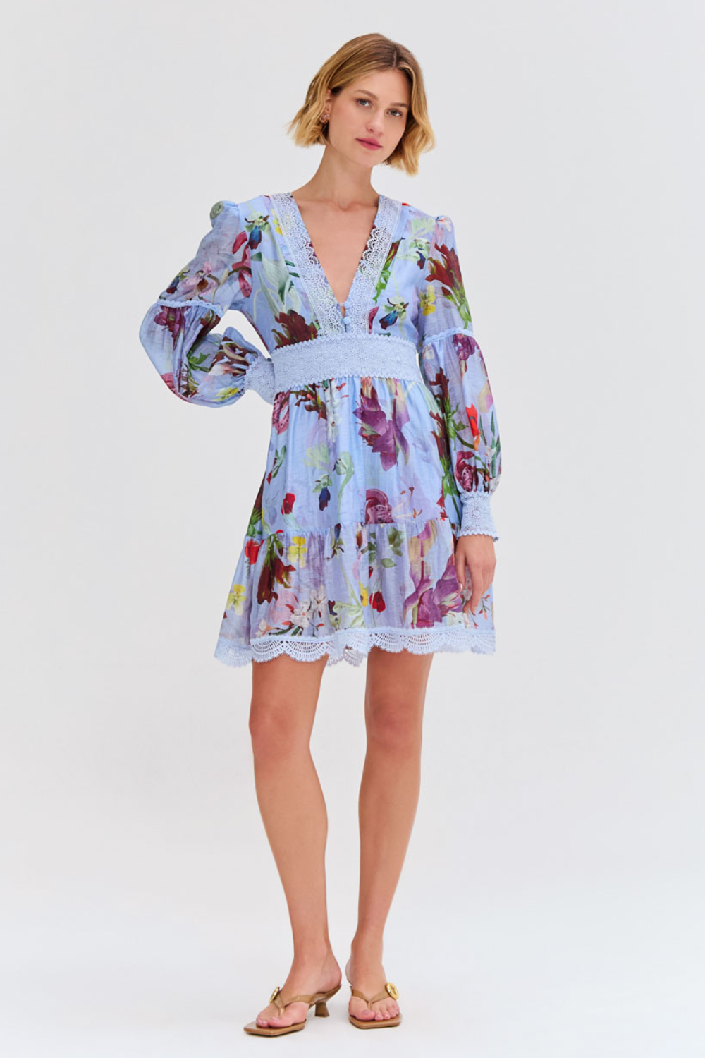 LILY FLOWER LONG SLEEVE PLUNGE MINI DRESS
