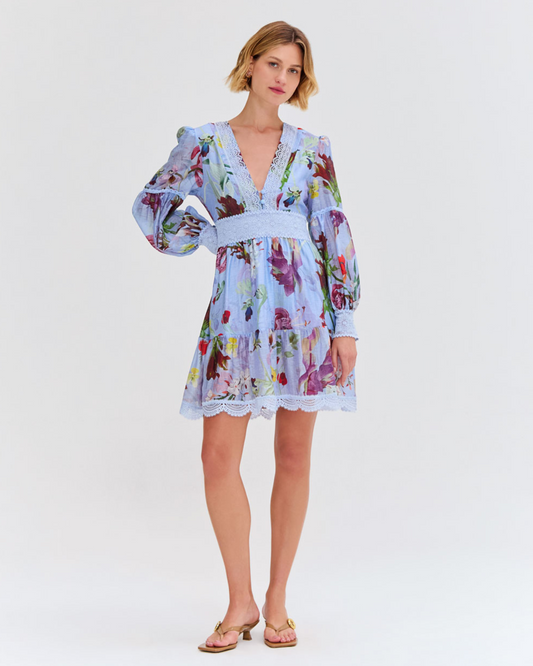LILY FLOWER LONG SLEEVE PLUNGE MINI DRESS