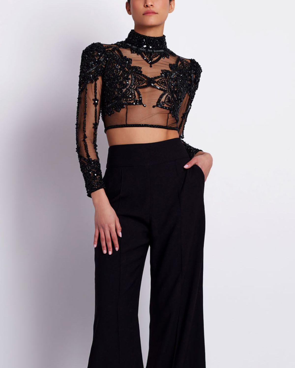 HAND BEADED TULLE CROPPED TOP (EXCLUSIVE)