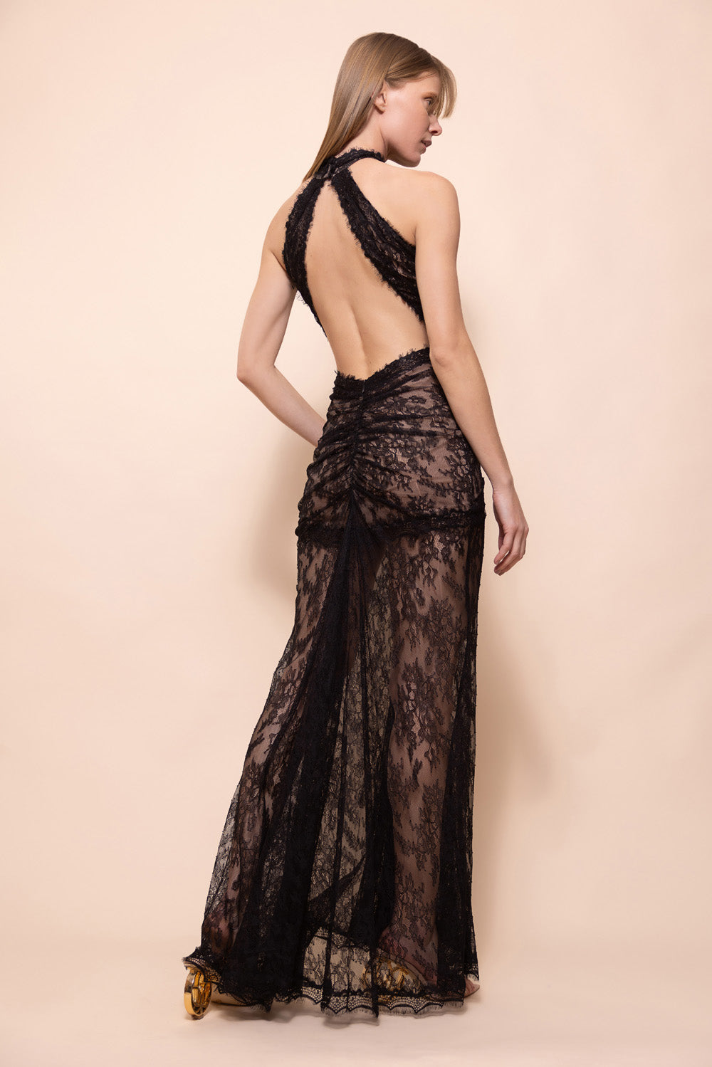 BIANCA LACE DRAPED HALTER GOWN