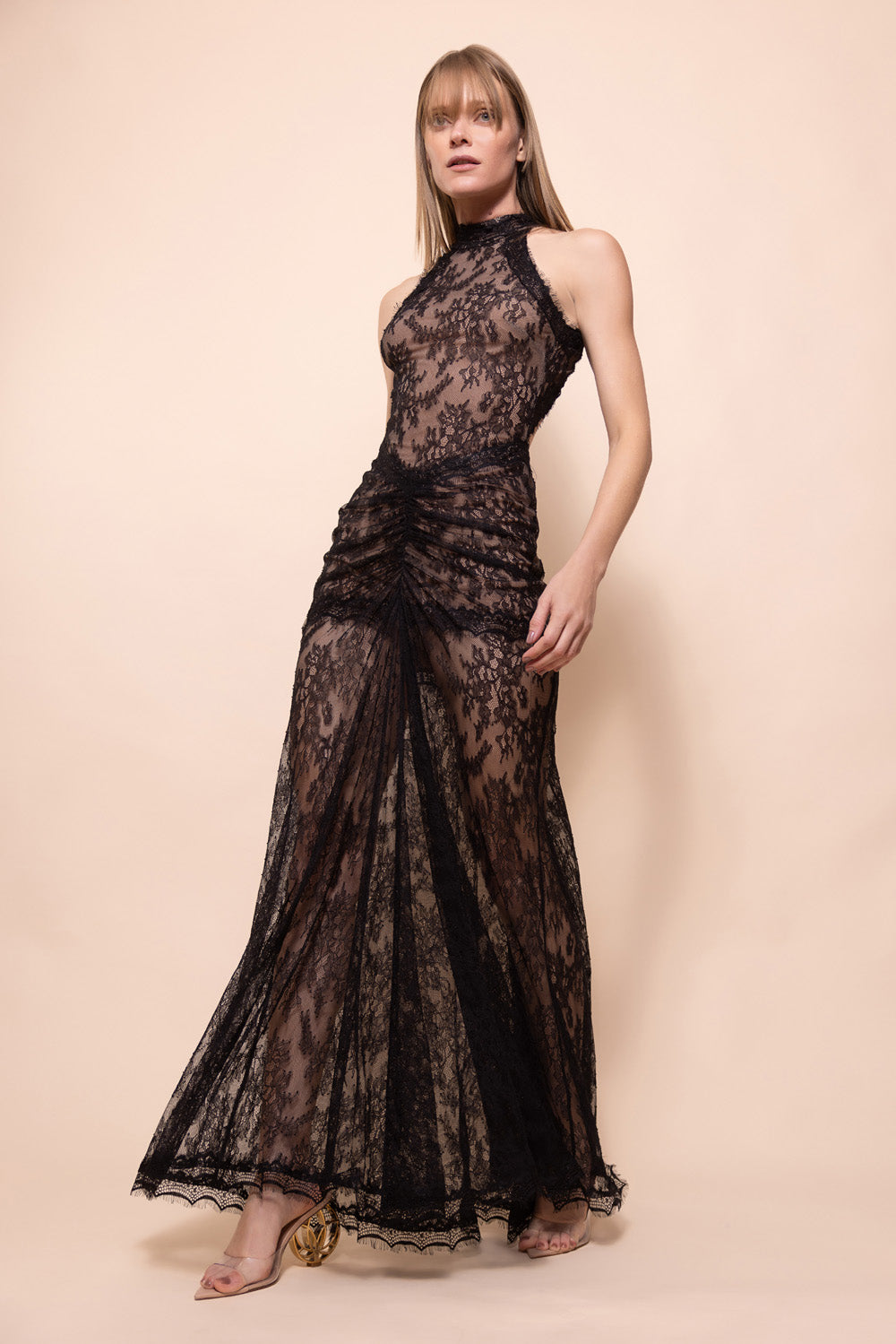 BIANCA LACE DRAPED HALTER GOWN