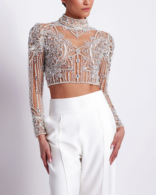 HAND BEADED TULLE CROPPED TOP (EXCLUSIVE)