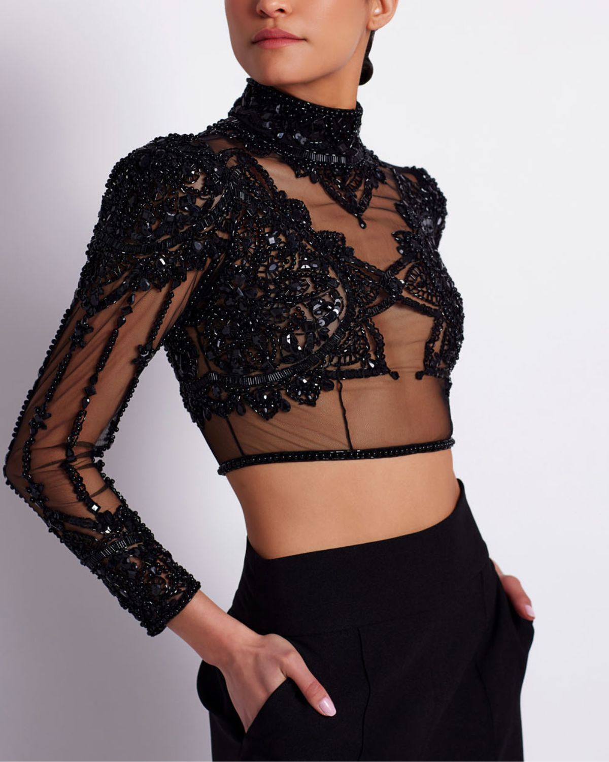 HAND BEADED TULLE CROPPED TOP (EXCLUSIVE)