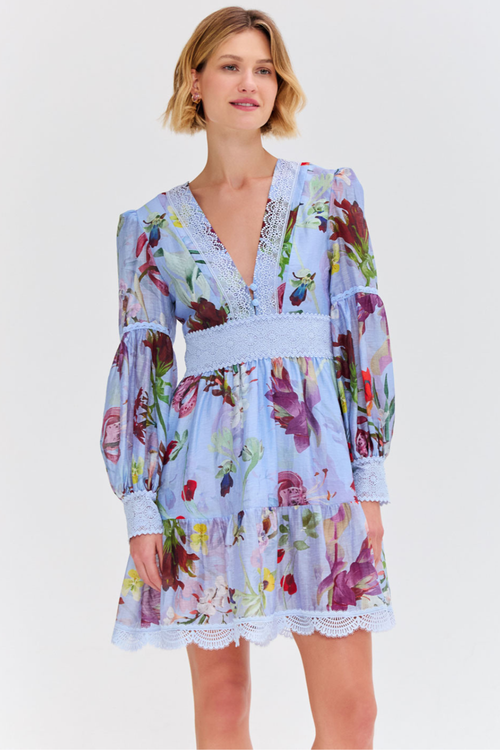 LILY FLOWER LONG SLEEVE PLUNGE MINI DRESS