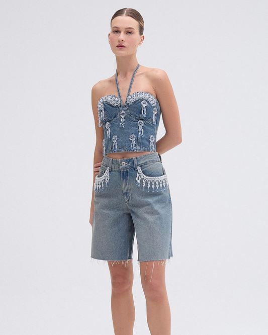 NOSTALGIC SKY BEADED DENIM SHORT