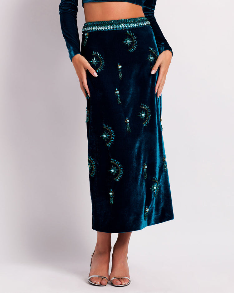 Hand-Beaded Velvet Midi Skirt (RUNWAY)