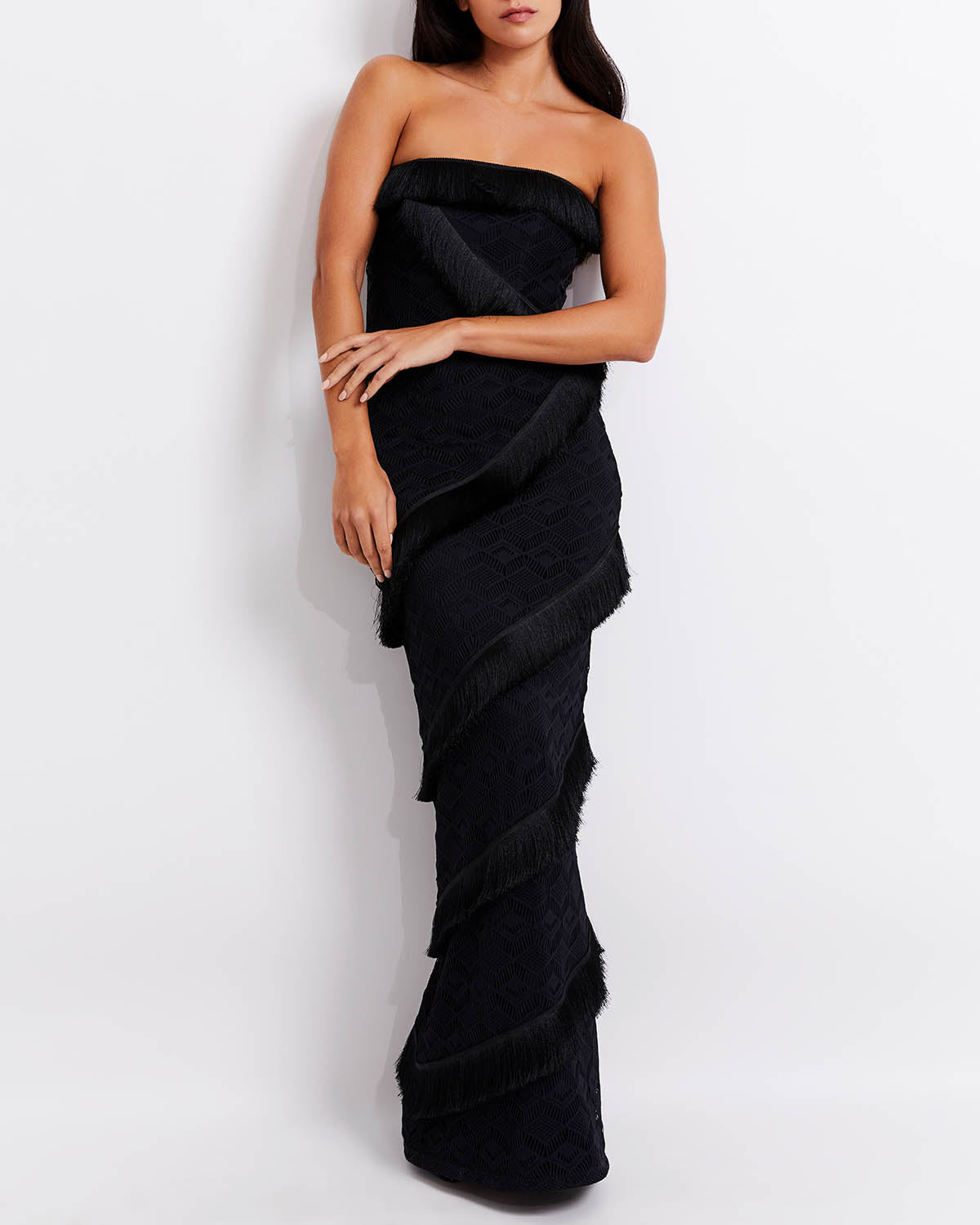 Crochet Strapless Fringe Trim Maxi