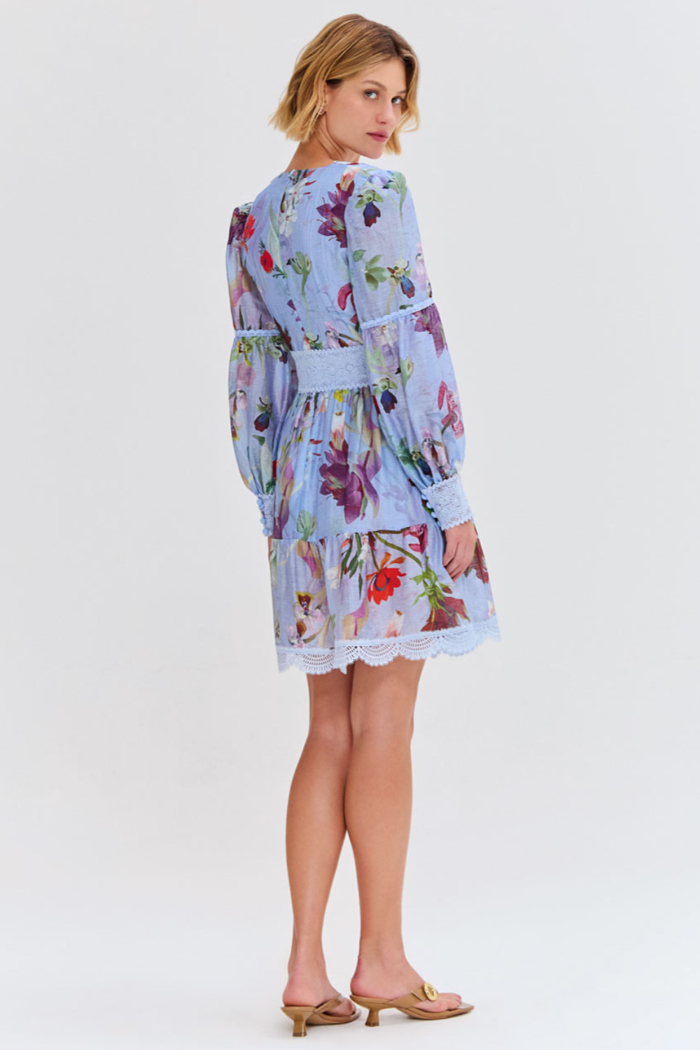 LILY FLOWER LONG SLEEVE PLUNGE MINI DRESS